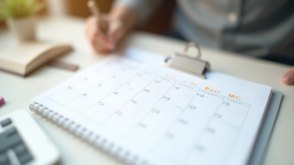 Calendar showing quarterly checkpoints with notes and financial review schedule marked throughout the year