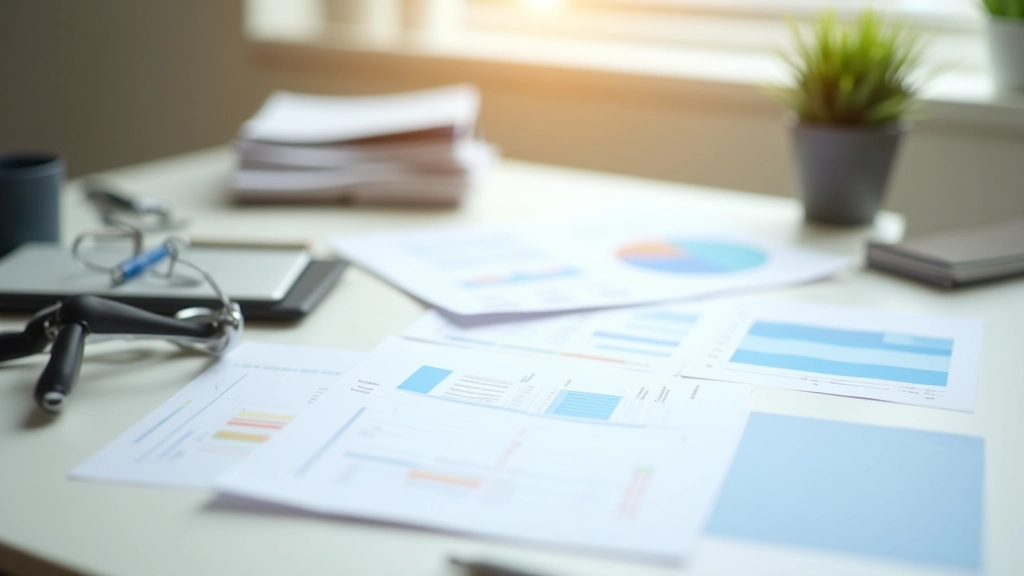 Organized workspace with financial documents, charts, and planning materials arranged for review
