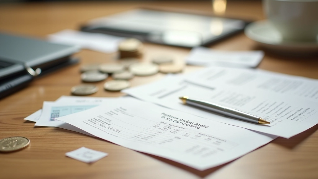 Scattered receipts and coins on desk surface showing small transaction amounts and purchases