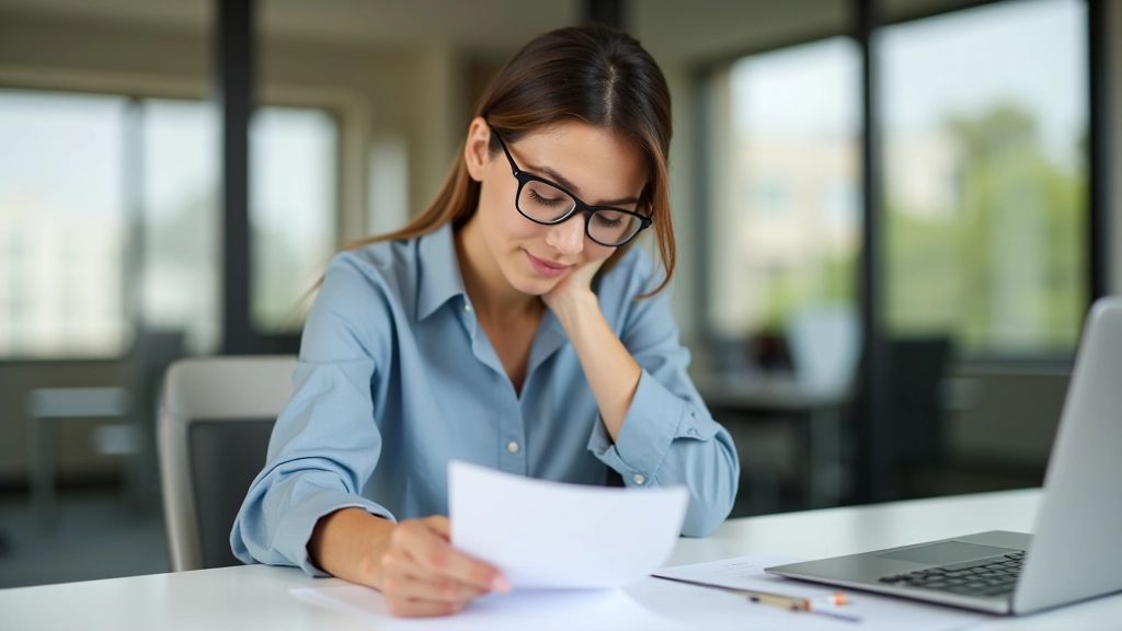 Woman reviewing financial documents at desk during budget planning session