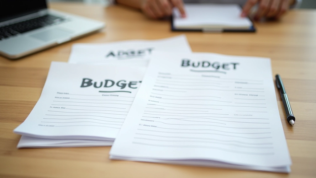 Organized desk with three labeled document piles showing different budget categories and financial papers
